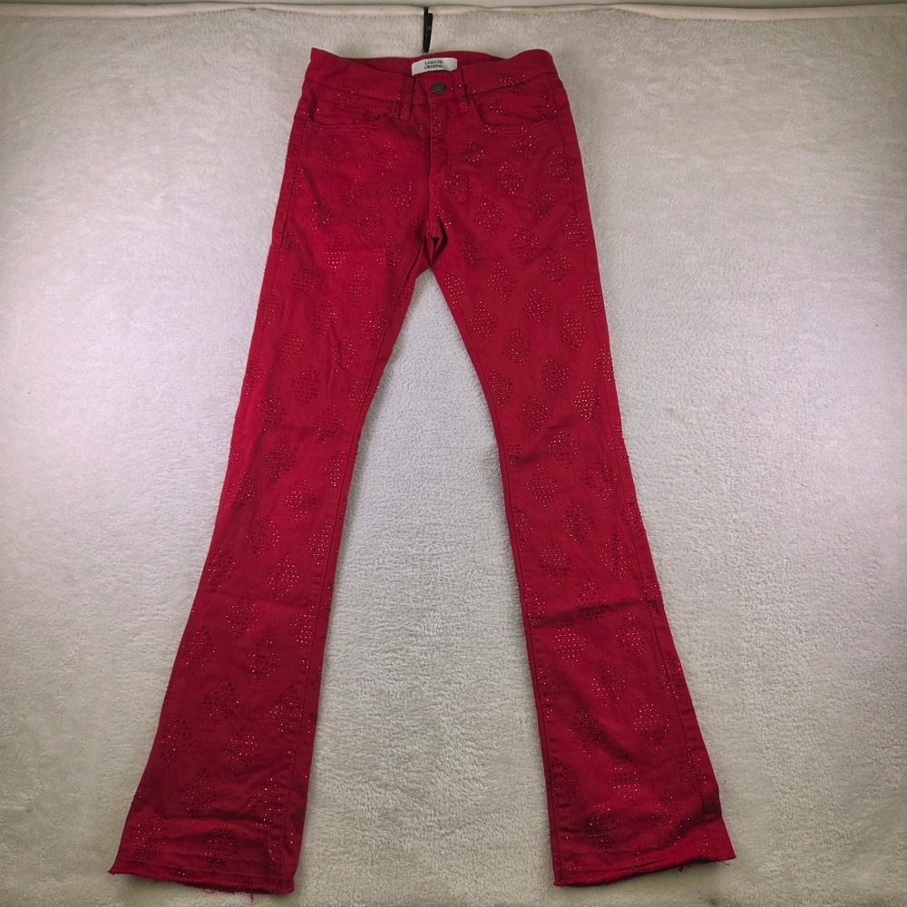 Liquid Crystal Red Rhinestone Diamond Pattern Super Skinny Stacked Jeans 28